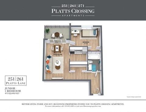 Floor plan for 1 bed, 1 bath, 472 sqft